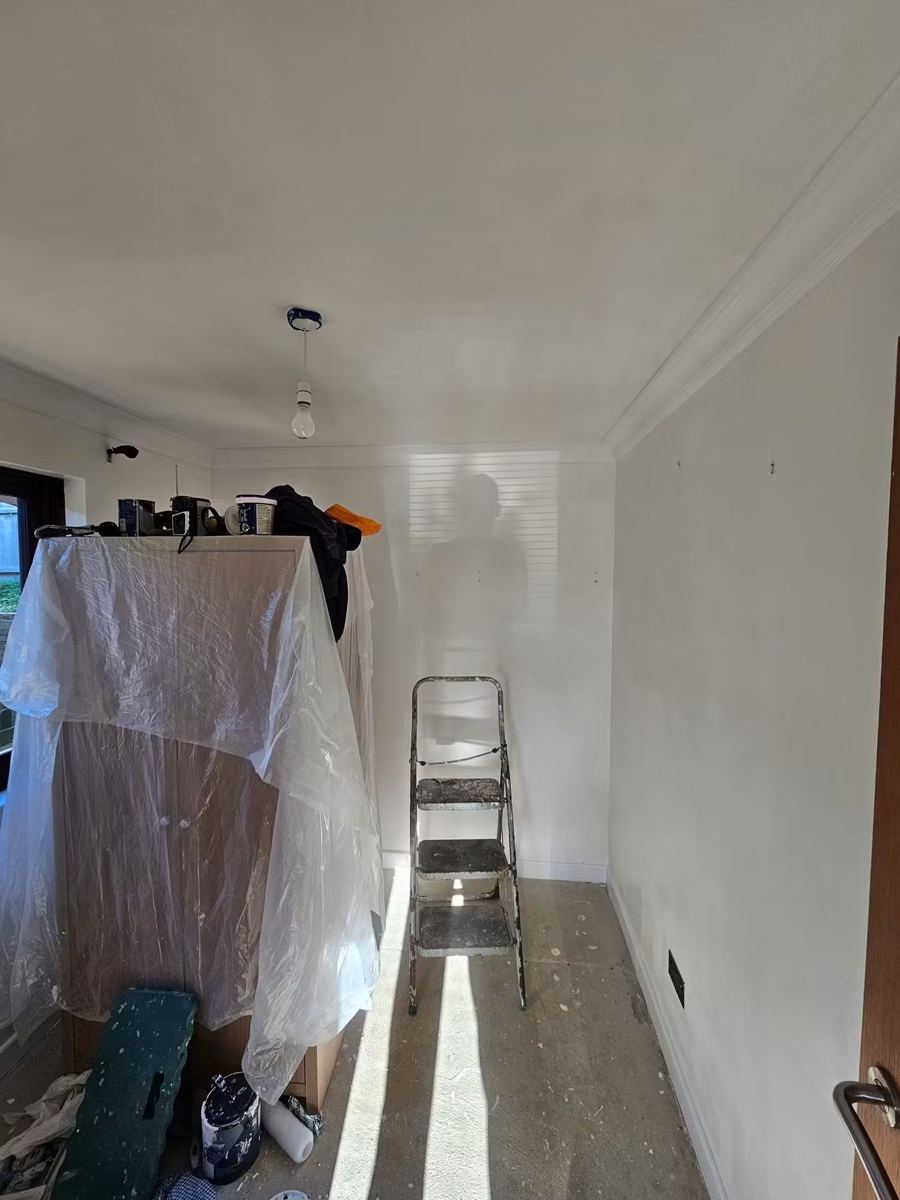 Freshly painted room with ladder and dust sheets